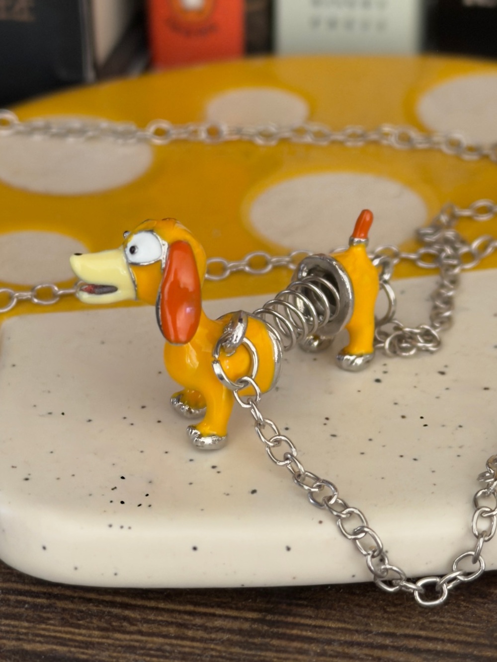 Slinky Dog Dachshund Necklace Enamel Spring Novelty Pendant